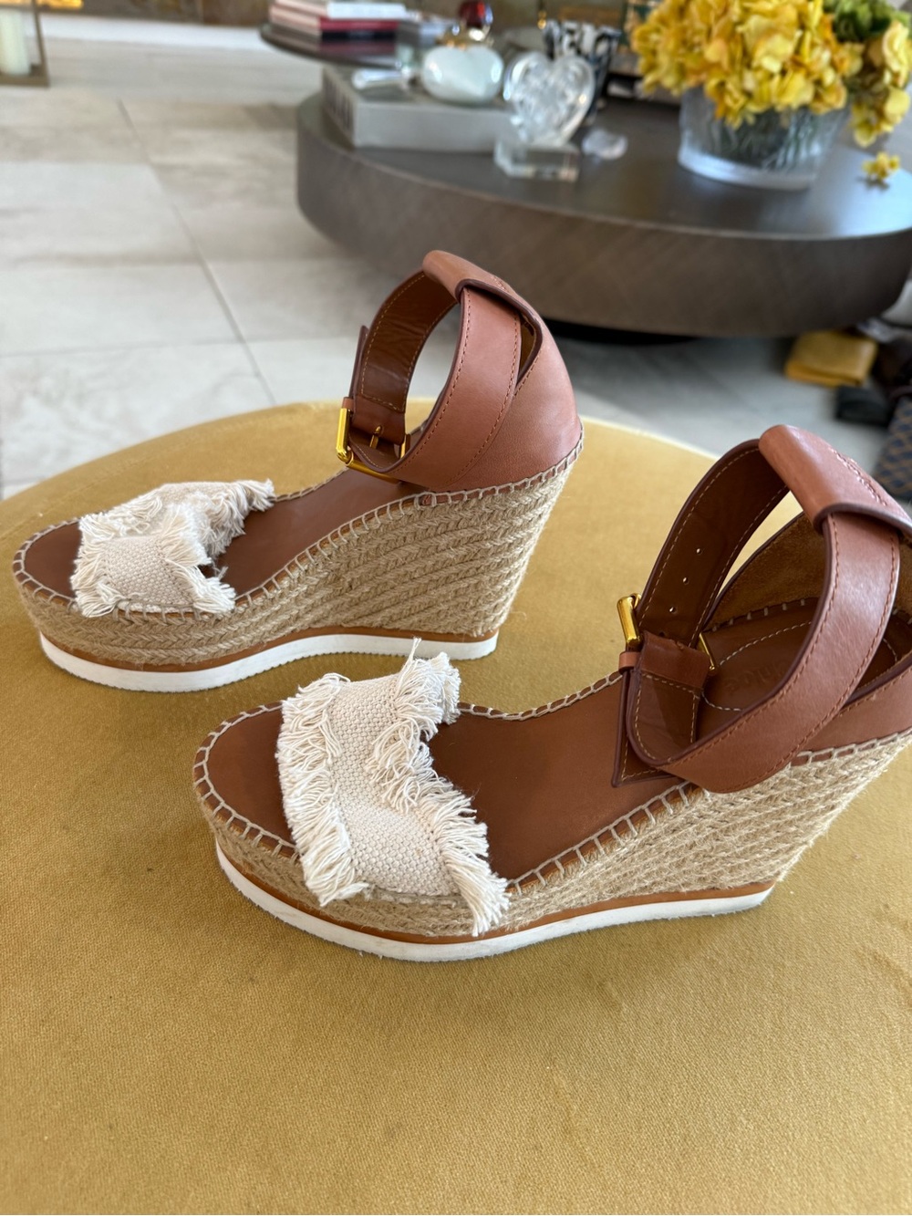 See by Chloé Tan Leather Espadrille Wedge Sandals with Cream Fringed Strap - Picture 3 of 8